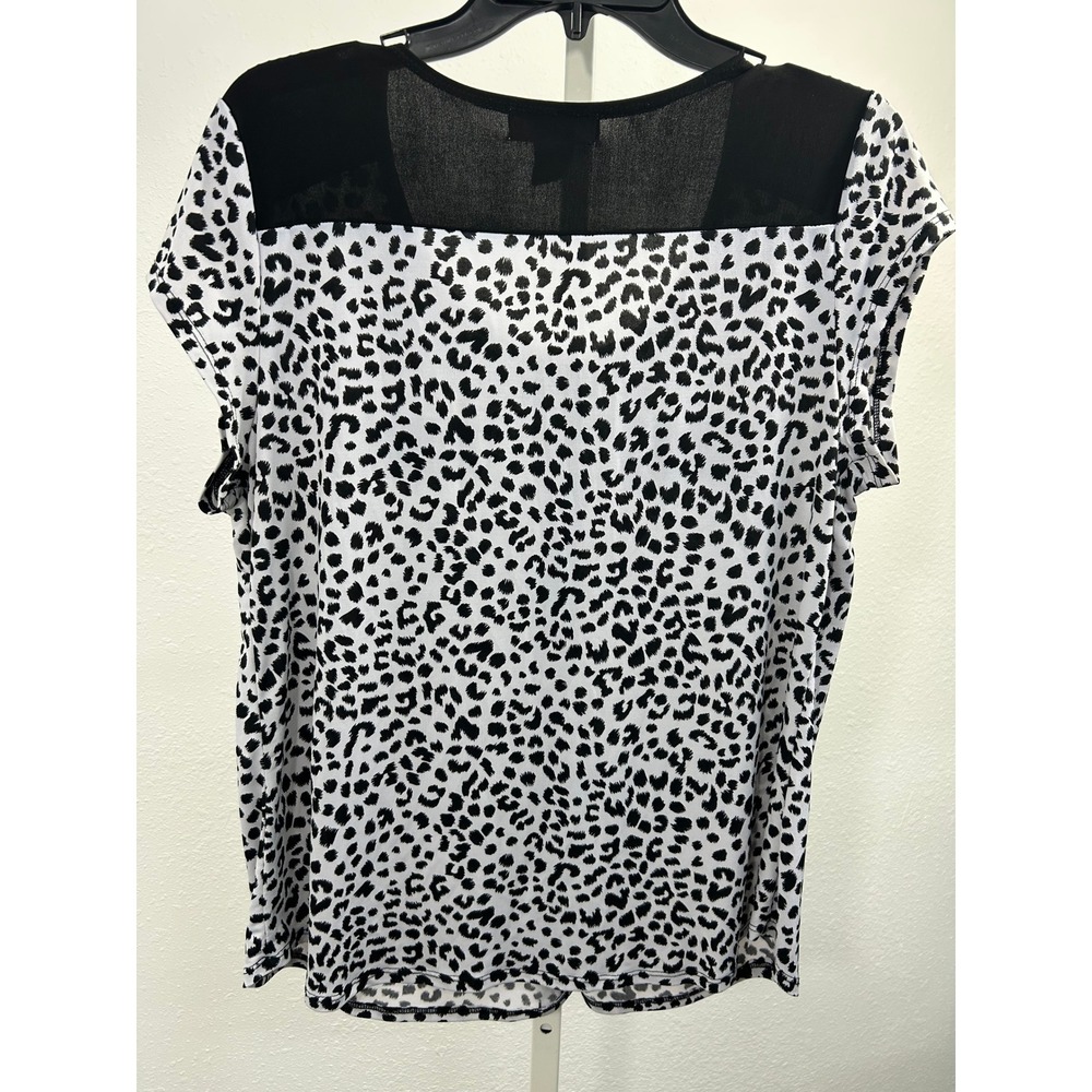 Diana Belle Leopard Print Button Front Blouse Black White Short Sleeve Large